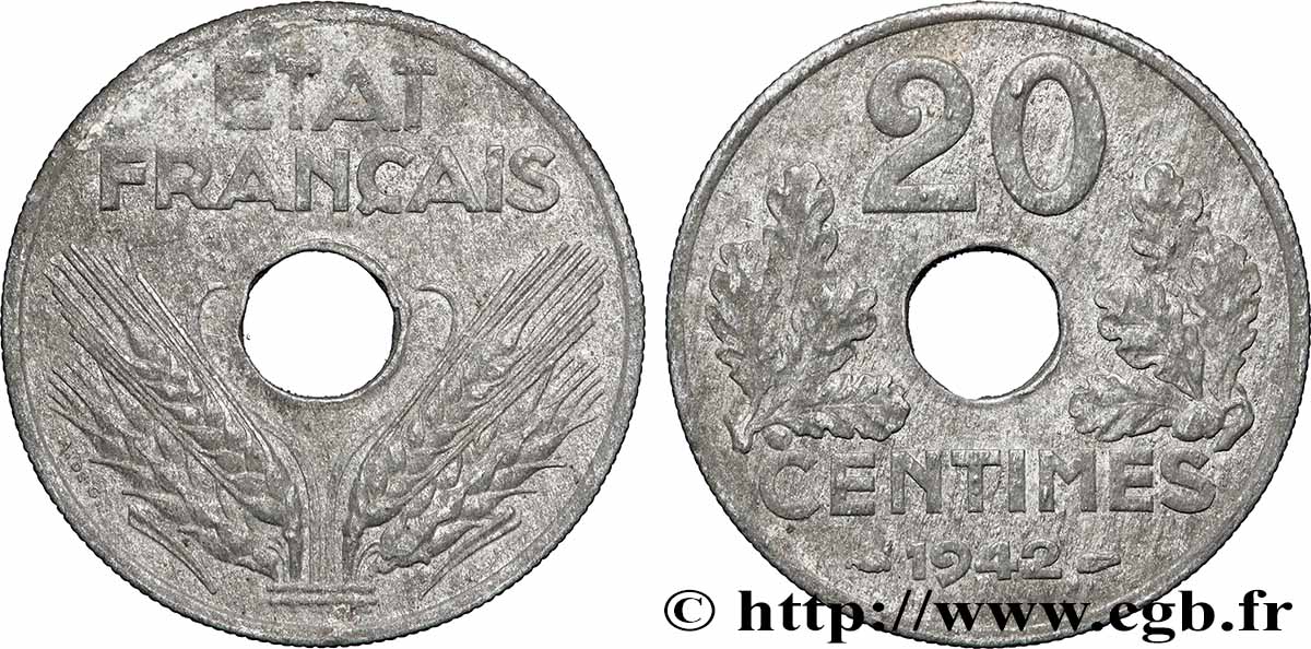 20 centimes État français, lourde 1942 F.153/4 fVZ