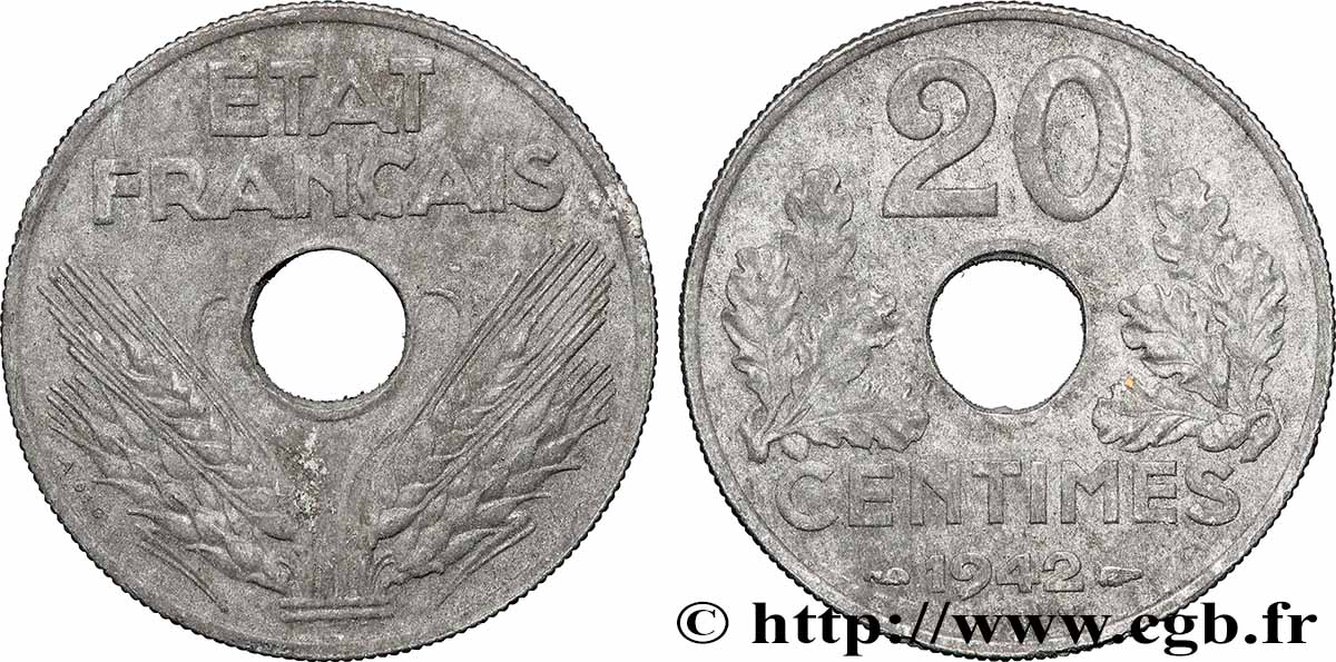 20 centimes État français, lourde 1942 F.153/4 AU