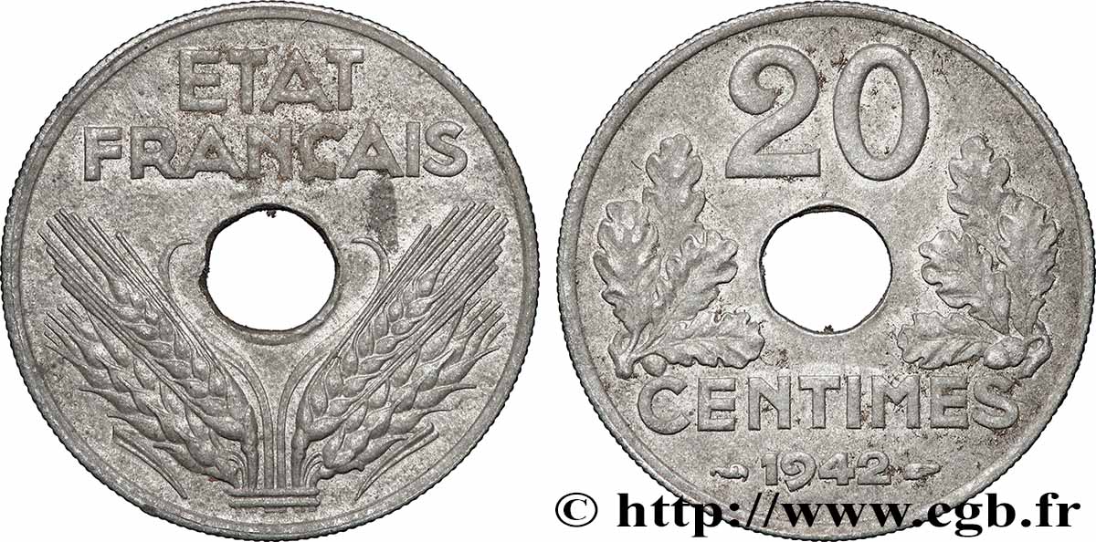 20 centimes État français, lourde 1942 F.153/4 AU