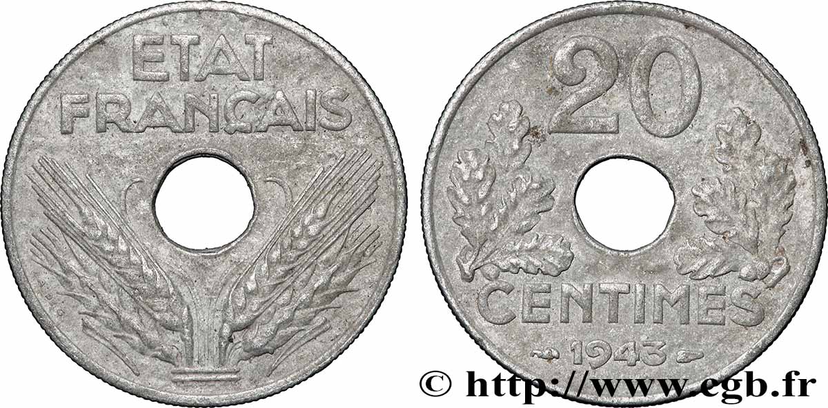 20 centimes État français, lourde 1943 F.153/5 fVZ