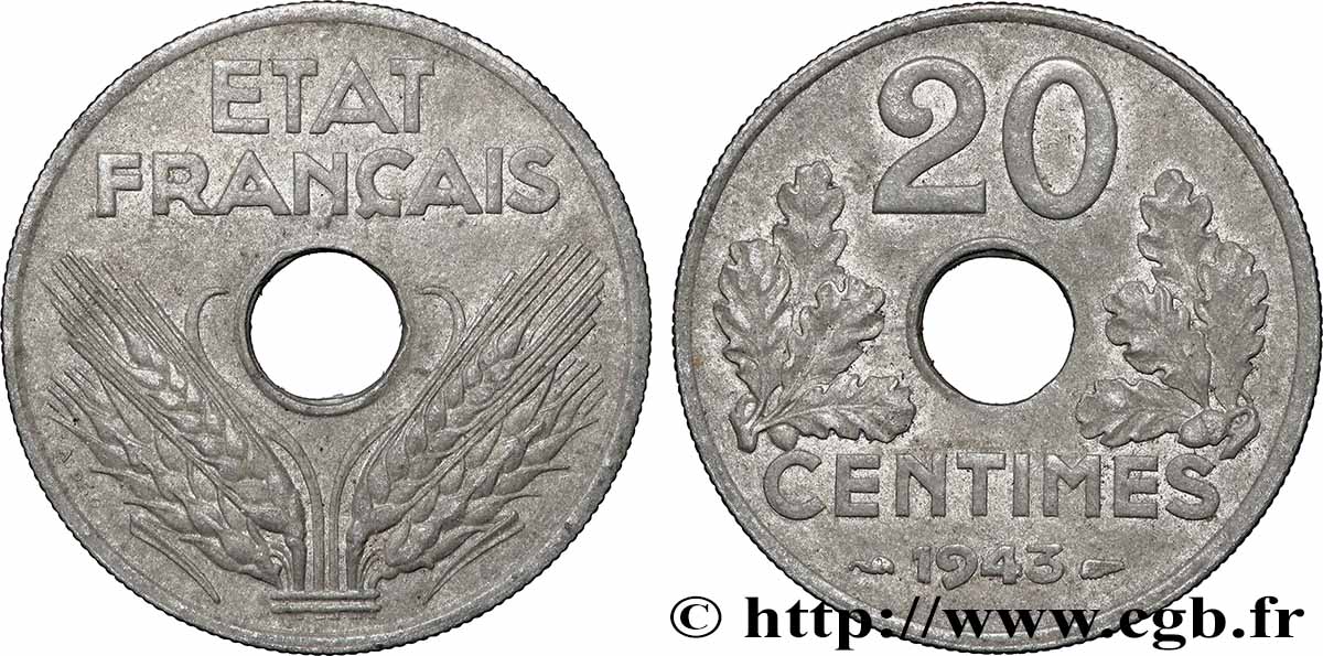 20 centimes État français, lourde 1943 F.153/5 fVZ