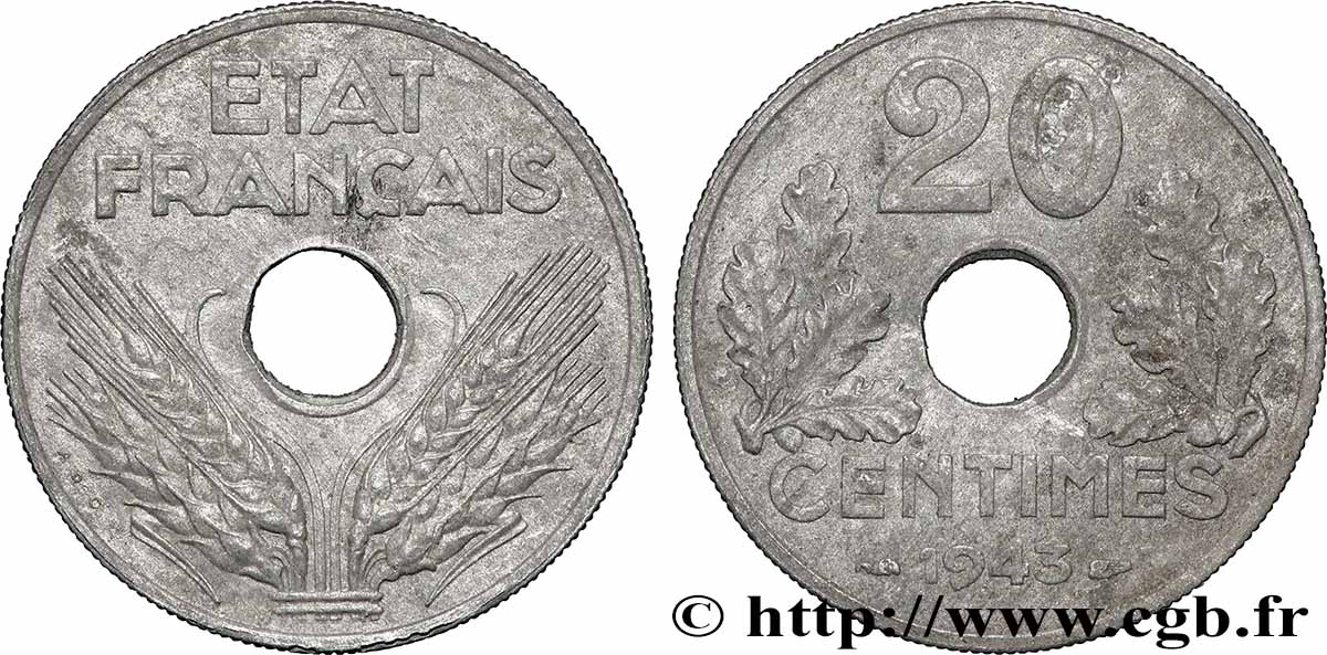 20 centimes État français, lourde 1943 F.153/5 AU