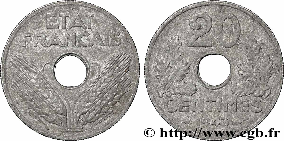 20 centimes État français, lourde 1943 F.153/5 q.SPL
