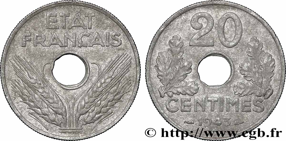 20 centimes État français, lourde 1943 F.153/5 fVZ