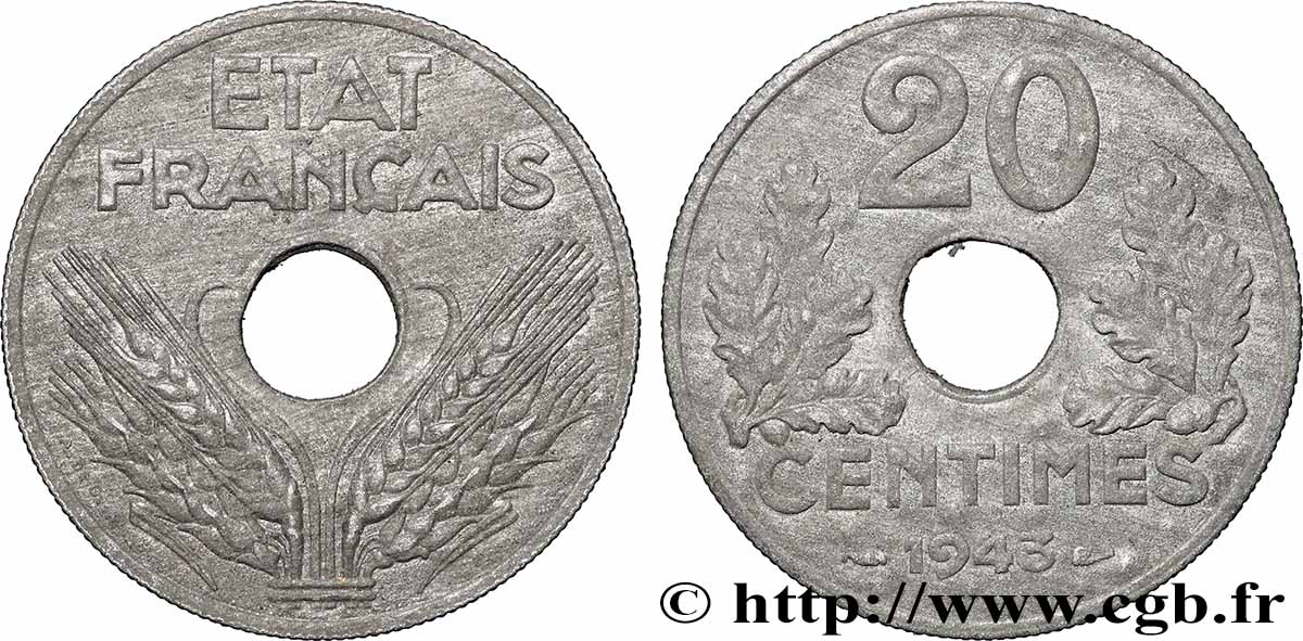 20 centimes État français, lourde 1943 F.153/5 AU