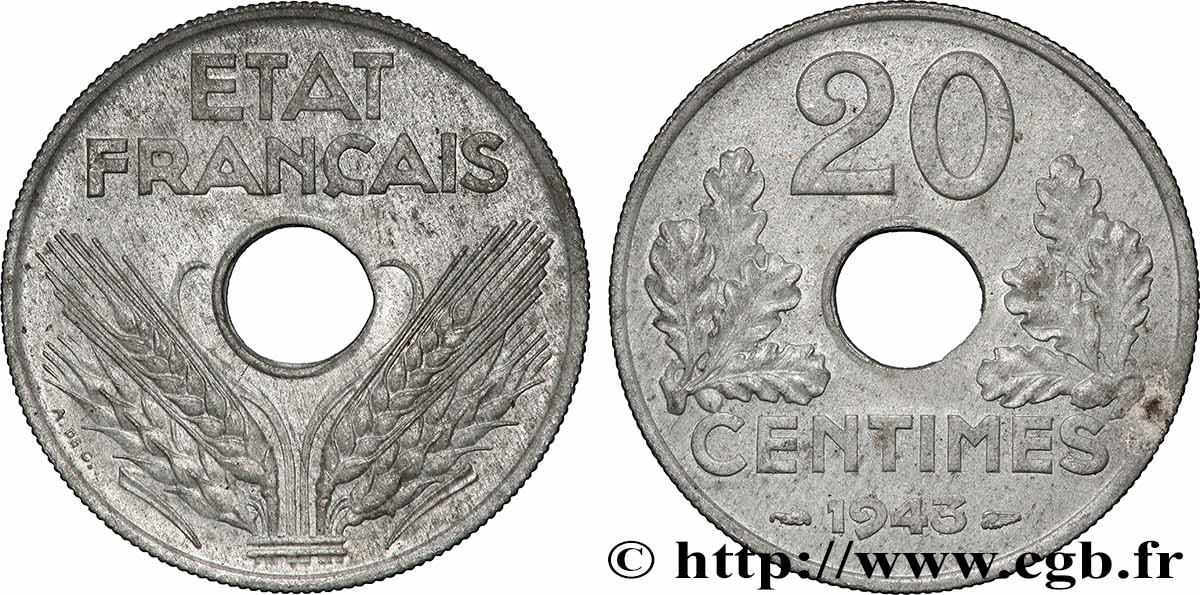 20 centimes État français, légère 1943 F.153A/1 VZ