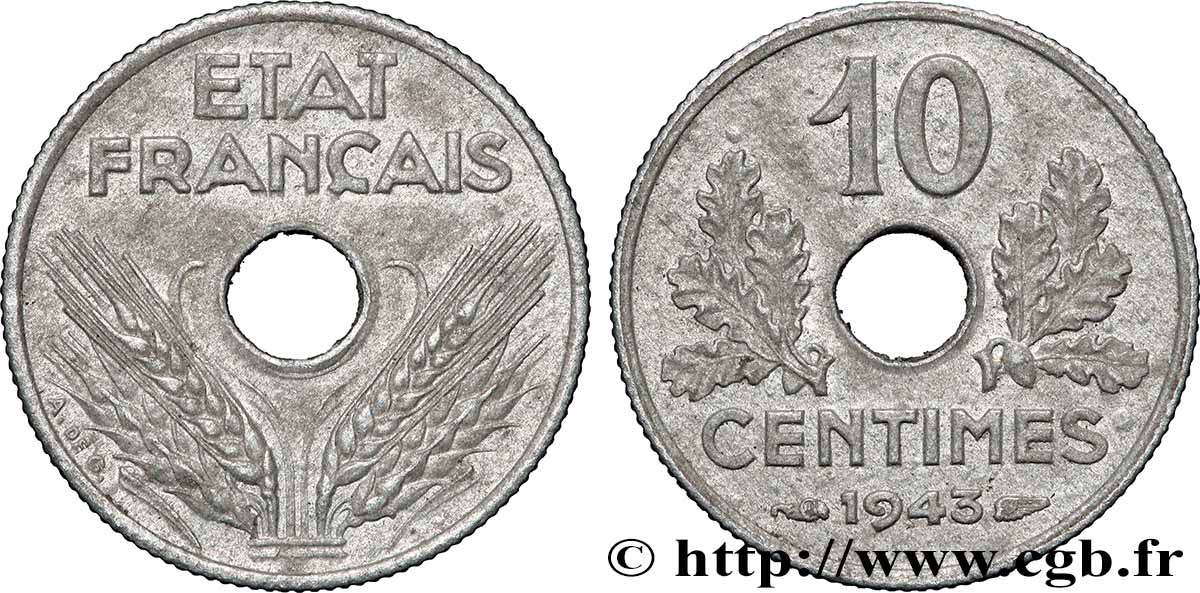 10 centimes État français, petit module 1943 F.142/2 fVZ