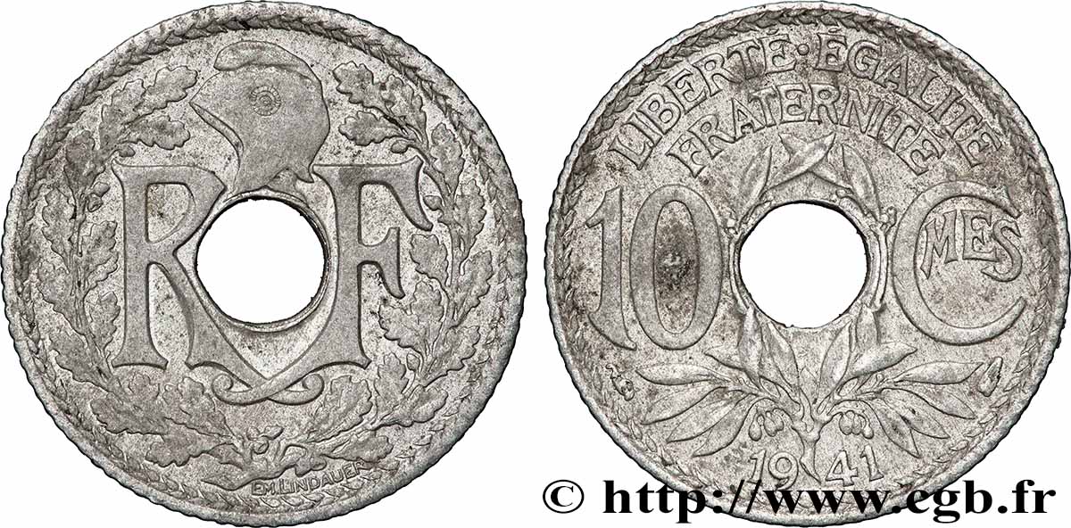 10 centimes Lindauer en zinc, Cmes non souligné et millésime sans points 1941 F.140A/1 fVZ