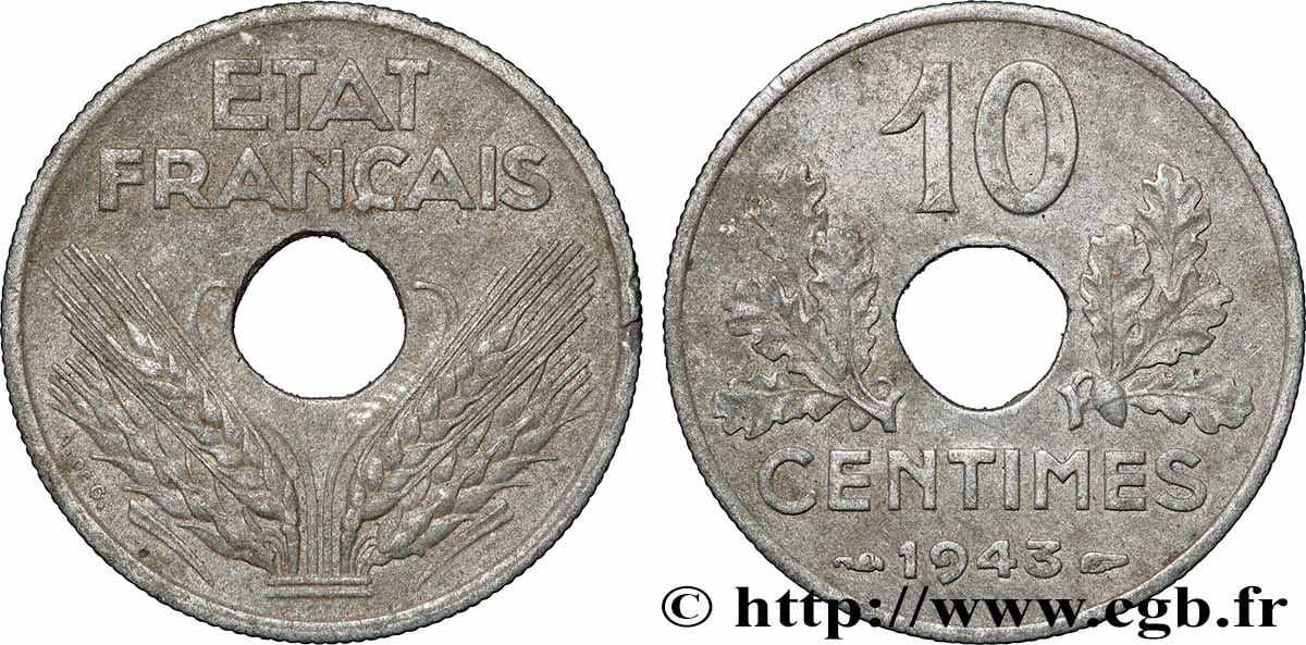 10 centimes État français, grand module 1943 F.141/5 q.SPL