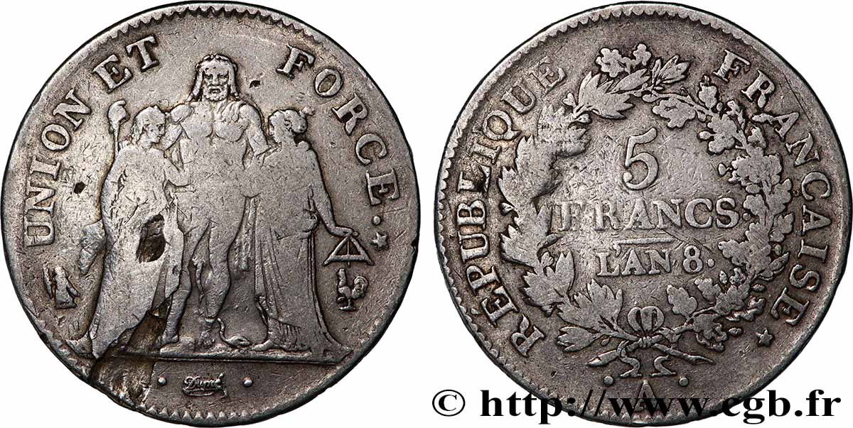 5 francs Union et Force, Union desserré, avec glands intérieurs et gland extérieur 1800 Paris F.291/30 B+