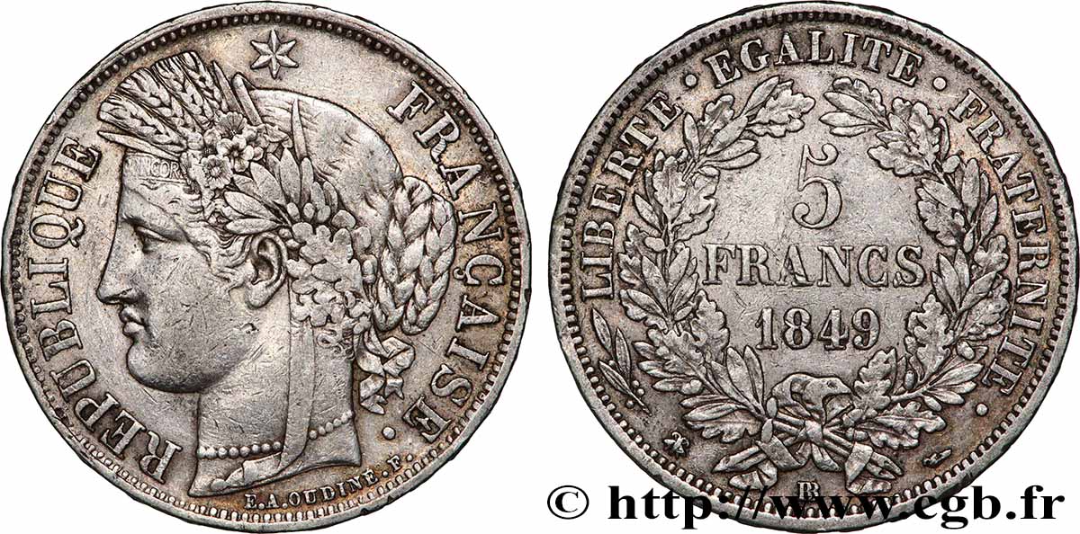 5 francs Cérès, IIe République 1849 Strasbourg F.327/3 fSS