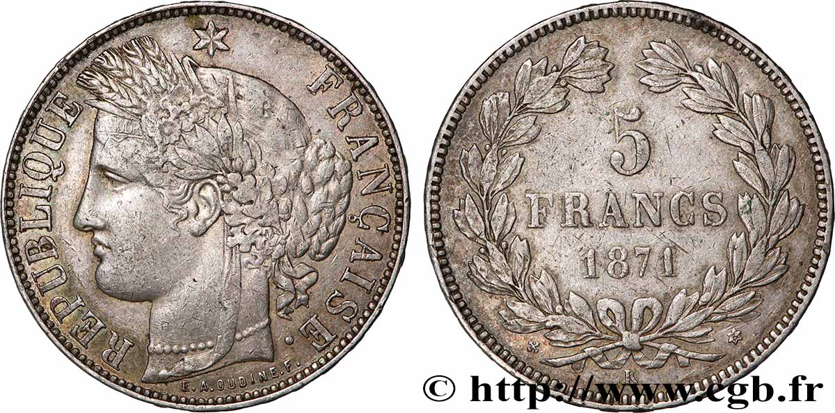 5 francs Cérès, sans légende 1871 Bordeaux F.332/8 VF