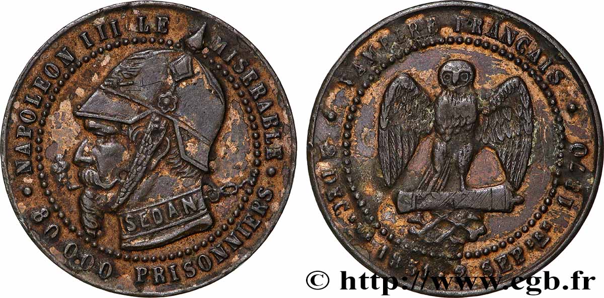 Médaille satirique Cu 25, module de Cinq centimes, type B “Os et Cigarette” 1870 Schw.B3c q.SPL