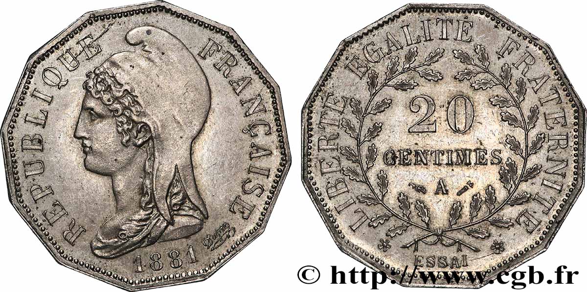 Essai de 20 centimes d’après Dupré, sur flan dodécagonal 1881 Paris GEM.49 1 SUP