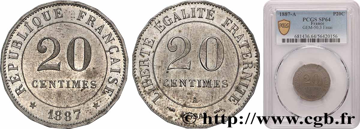 Essai à double valeur faciale de 20 centimes Merley, Type II, tranche à 20 pans 1887 Paris GEM.50 3 SPL64 PCGS