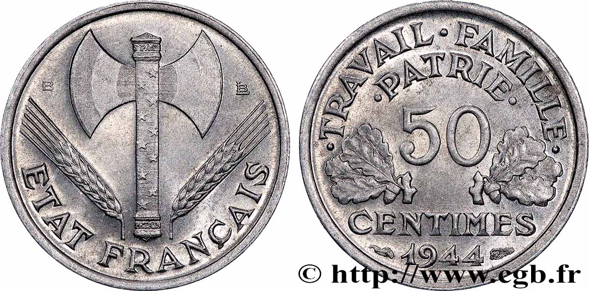 50 centimes Francisque, légère 1944 Beaumont-Le-Roger F.196/5 MS65