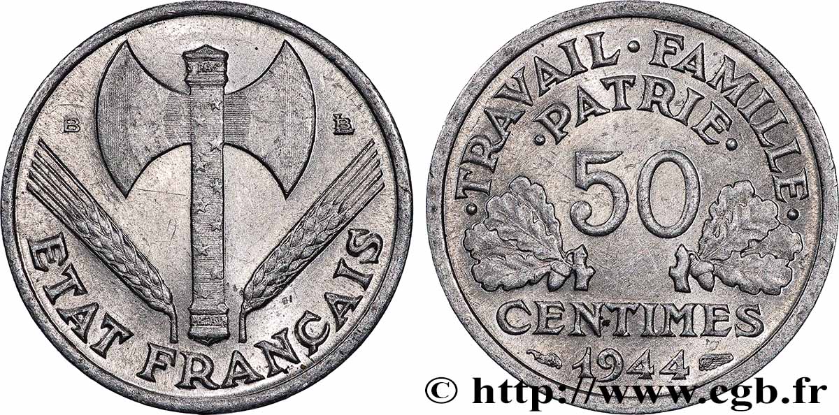 50 centimes Francisque, légère 1944 Beaumont-Le-Roger F.196/5 fVZ