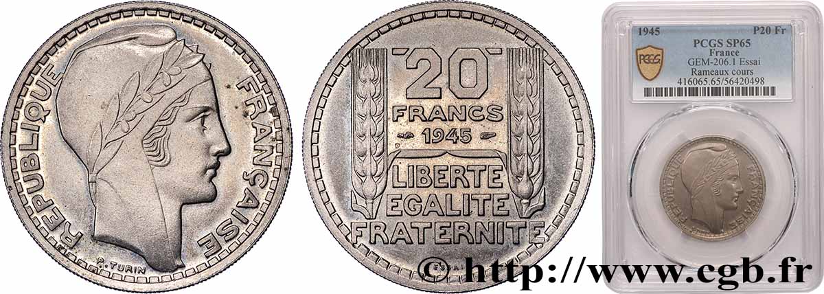 Essai de 20 francs Turin en cupro-nickel 1945 Paris GEM.206 1 MS65 PCGS