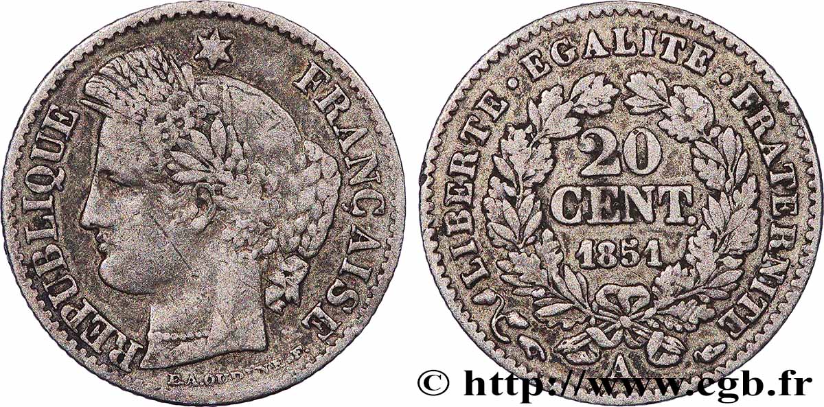 20 centimes Cérès, IIe République 1851 Paris F.146/7 S