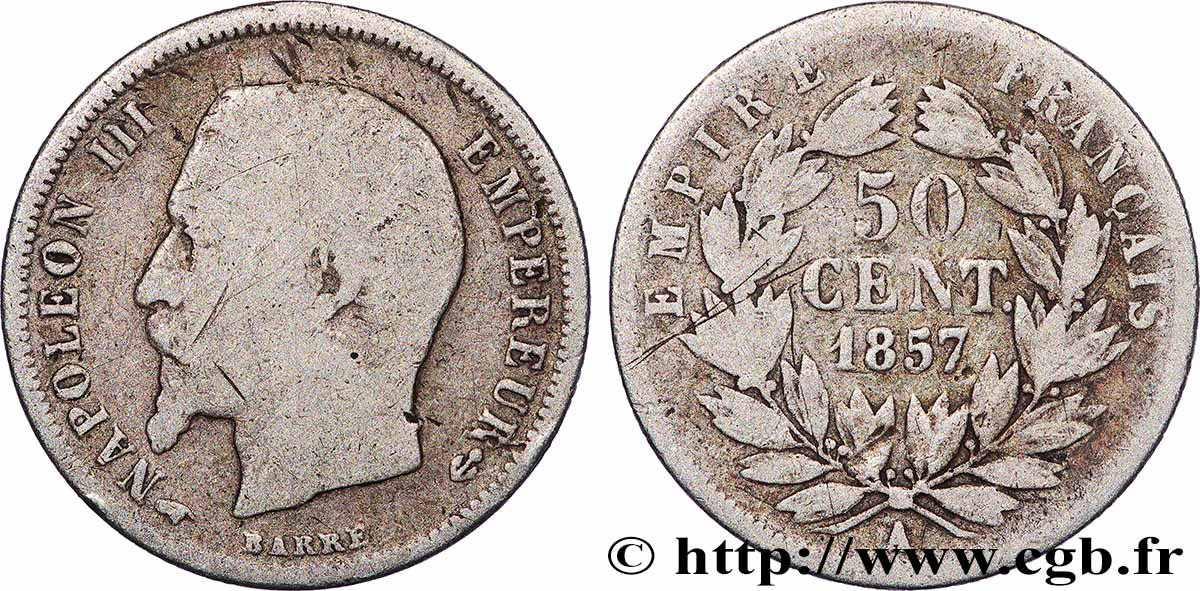 50 centimes Napoléon III, tête nue 1857 Paris F.187/8 B