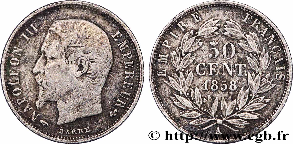 50 centimes Napoléon III, tête nue 1858 Paris F.187/9 F