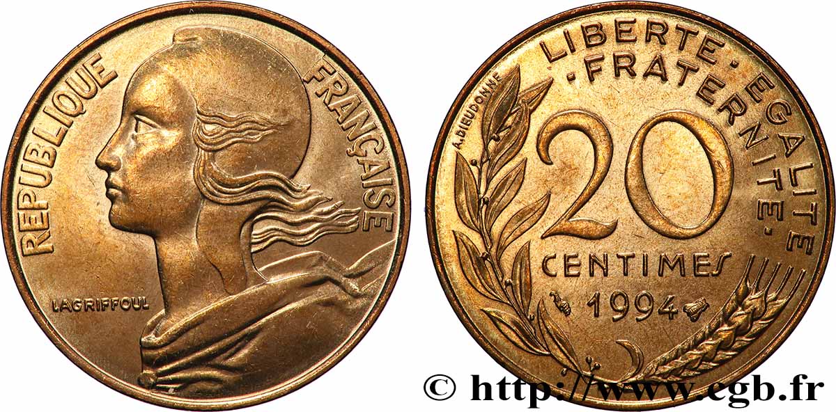 20 centimes Marianne, différent Abeille, Brillant Universel 1994 Pessac F.156/38 MS