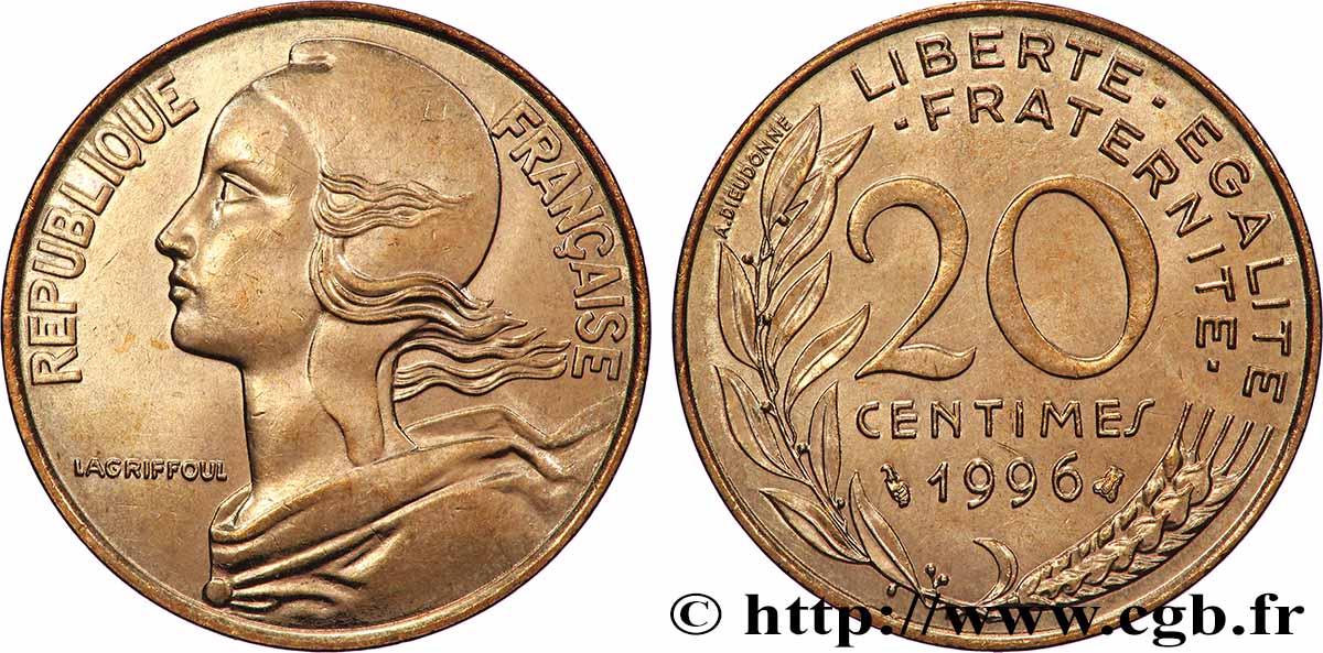 20 centimes Marianne, BU (Brillant Universel) 1996 Pessac F.156/40 fST