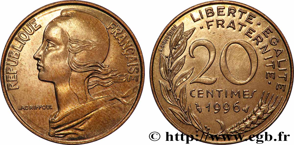 20 centimes Marianne, BU (Brillant Universel) 1996 Pessac F.156/40 fST