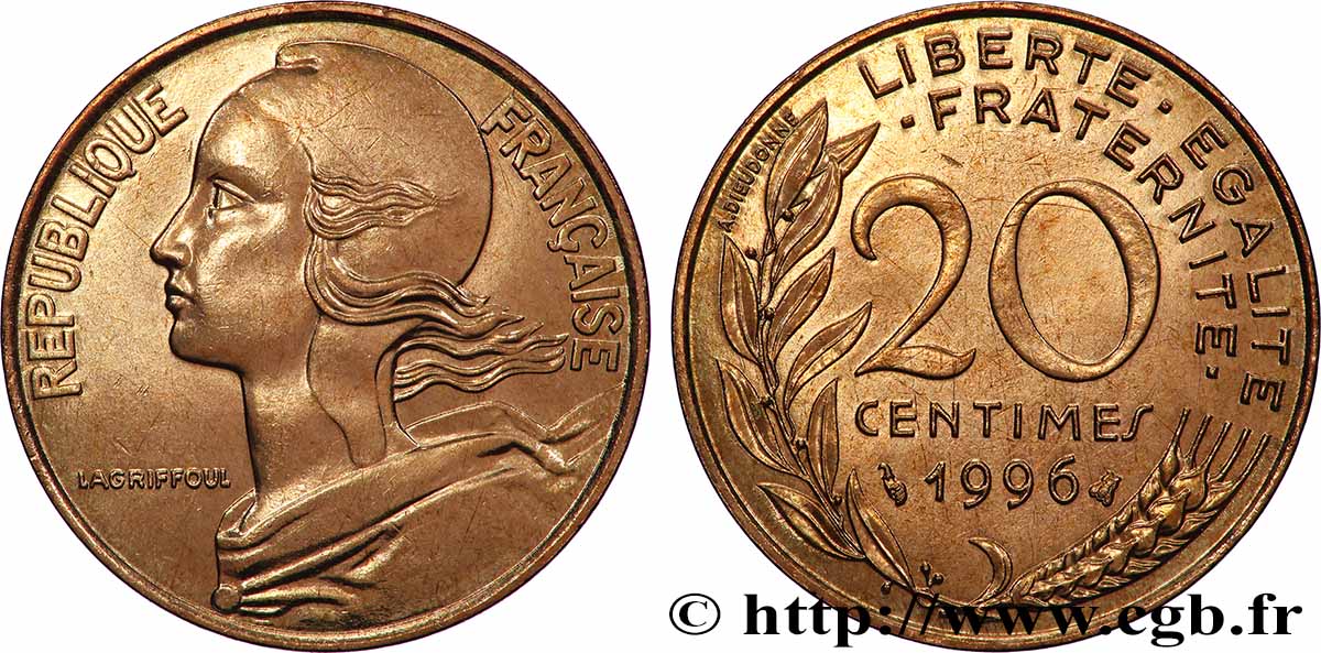 20 centimes Marianne, BU (Brillant Universel) 1996 Pessac F.156/40 SPL