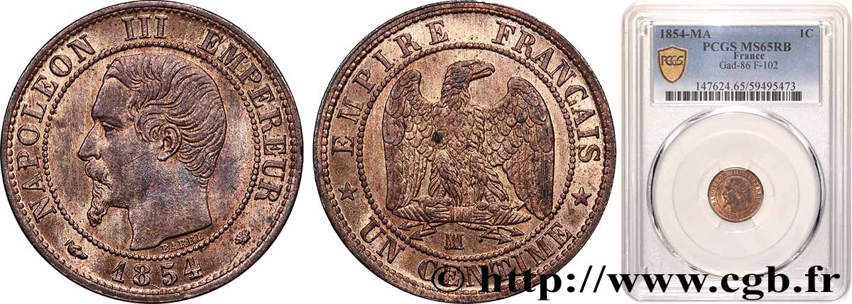 Un centime Napoléon III, tête nue 1854 Marseille F.102/14 MS65 PCGS