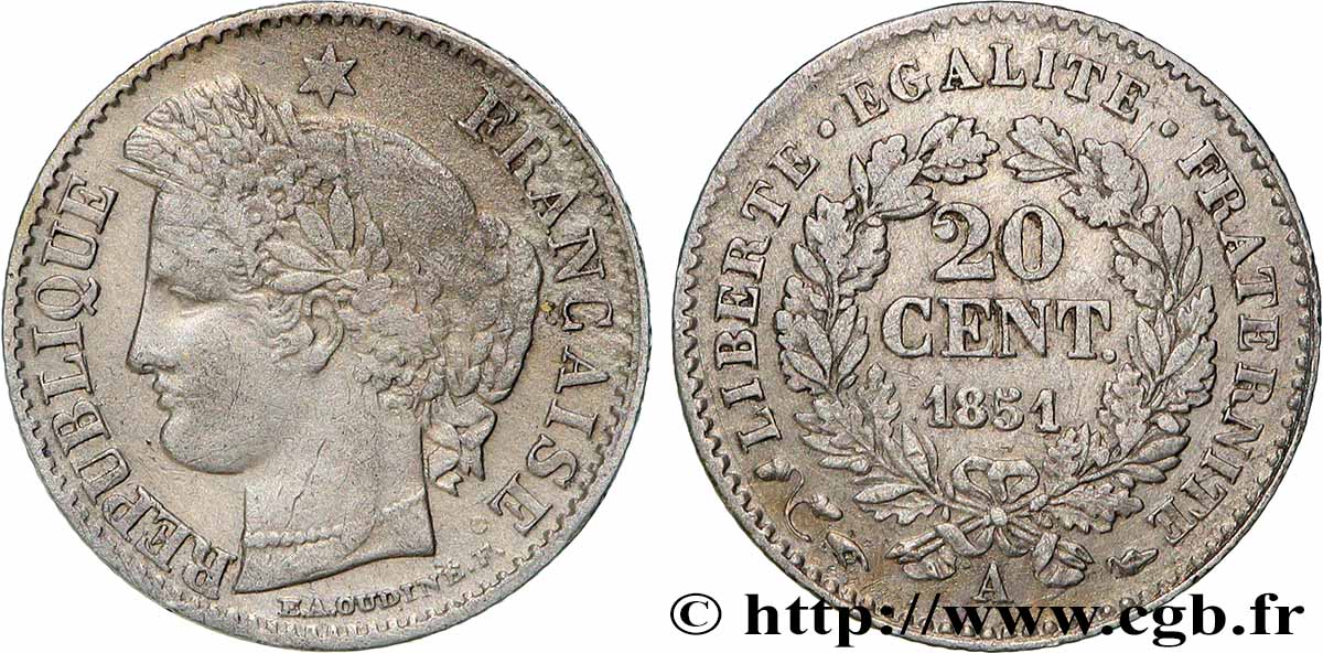 20 centimes Cérès, IIe République 1851 Paris F.146/7 BC+
