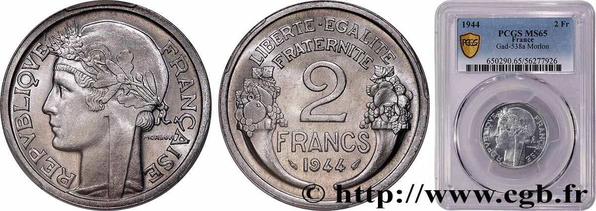 2 francs Morlon, aluminium 1944 F.269/4 FDC65 PCGS