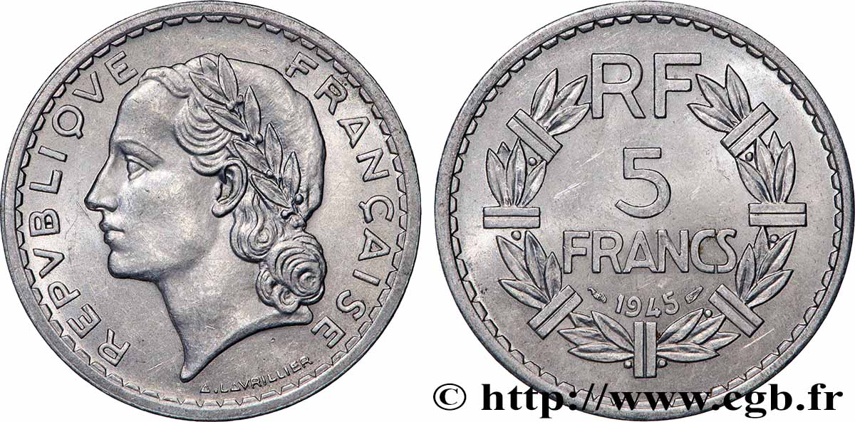 5 francs Lavrillier, aluminium, 9 ouvert 1945 F.339/3 SPL+