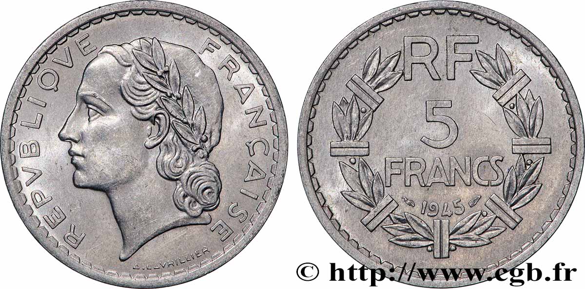 5 francs Lavrillier, aluminium, 9 ouvert 1945 F.339/3 VZ+