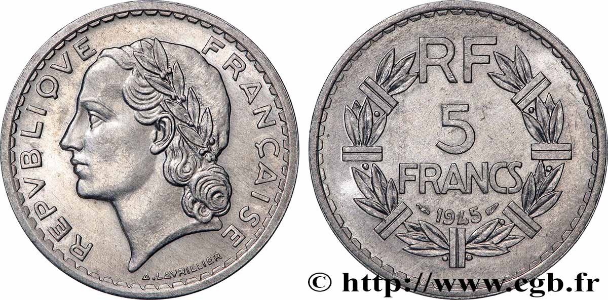 5 francs Lavrillier, aluminium, 9 ouvert 1945 F.339/3 VZ+