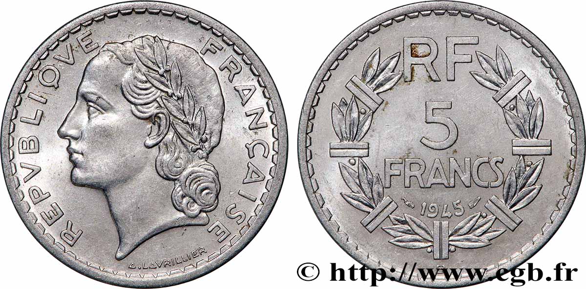 5 francs Lavrillier, aluminium 1945 Beaumont-Le-Roger F.339/4 VZ