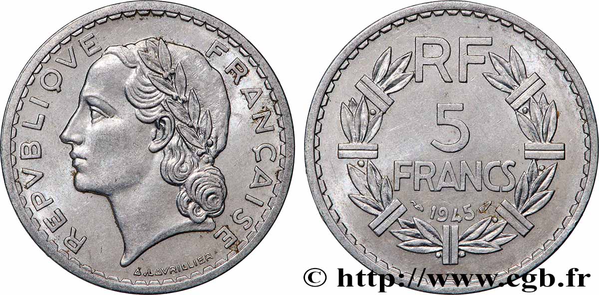 5 francs Lavrillier, aluminium 1945 Beaumont-Le-Roger F.339/4 AU