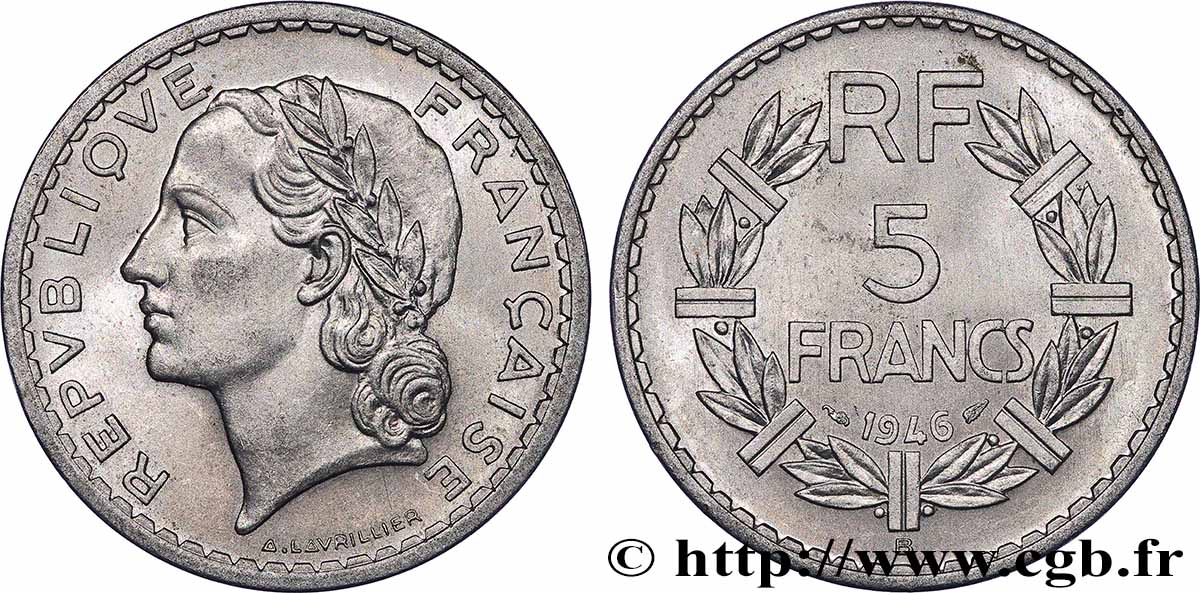 5 francs Lavrillier, aluminium 1946 Beaumont-Le-Roger F.339/7 VZ