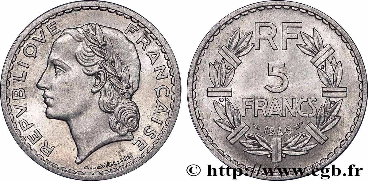 5 francs Lavrillier, aluminium 1946 Beaumont-Le-Roger F.339/7 SUP