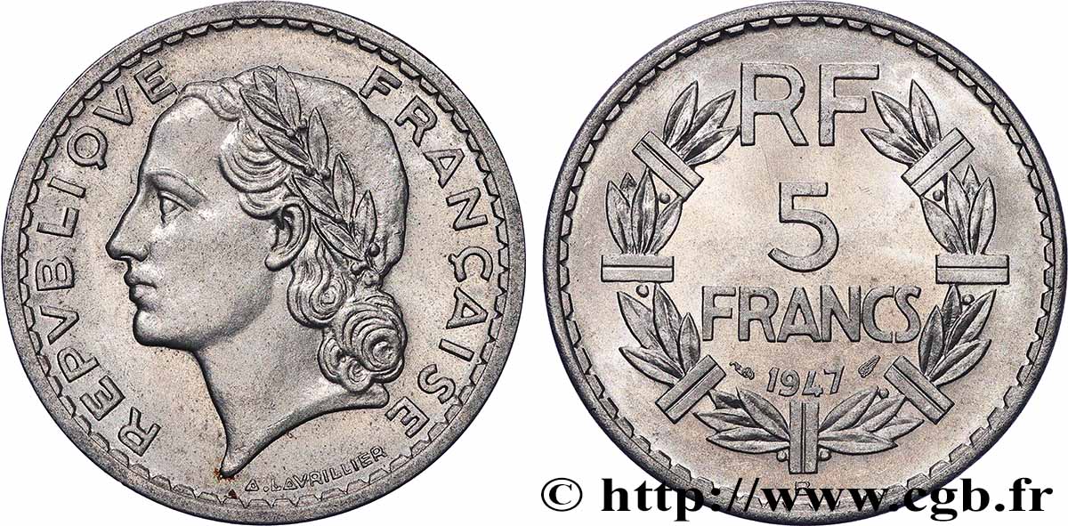 5 francs Lavrillier, aluminium 1947 Beaumont-Le-Roger F.339/12 VZ