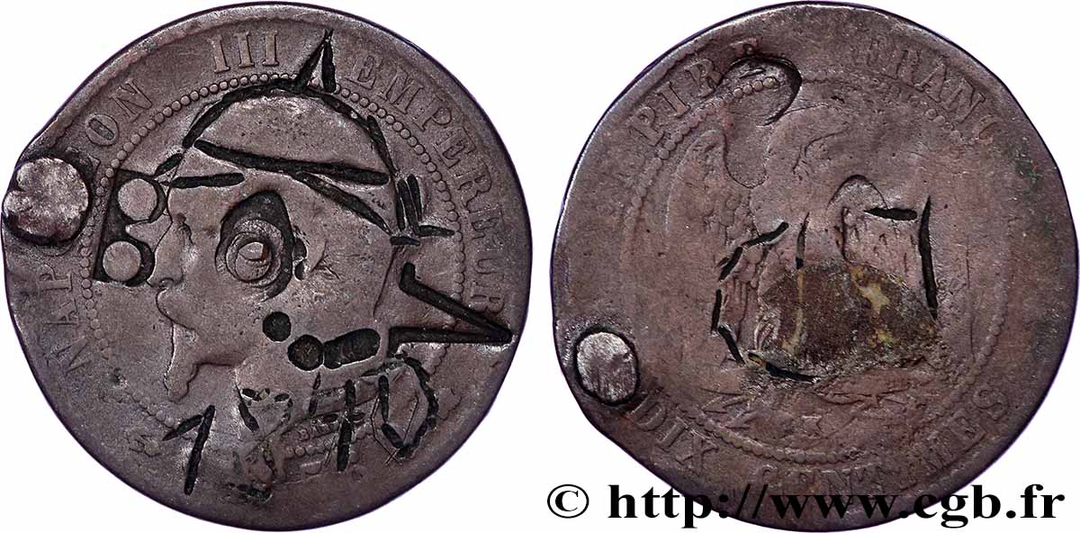 Dix centimes Napoléon III, tête nue, satirique 1856 Bordeaux F.133/38 var. q.B