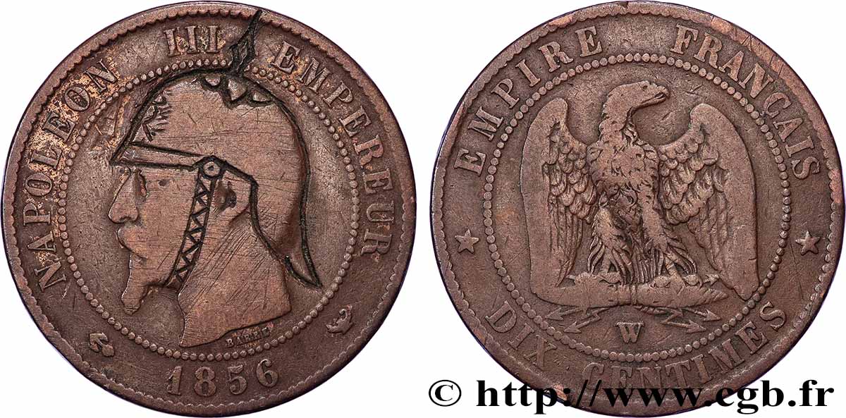 Dix centimes Napoléon III, tête nue, satirique 1856 Lille F.133/40 var. MB