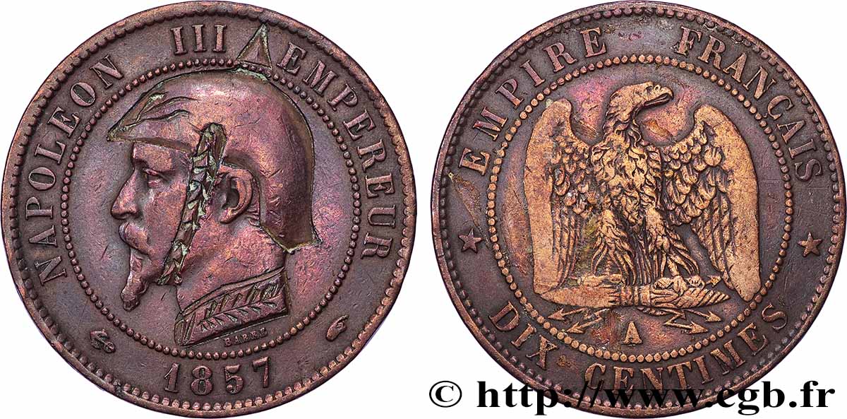 Dix centimes Napoléon III, tête nue, satirique 1857 Paris F.133/41 var. S