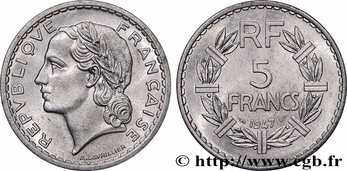 5 francs Lavrillier, aluminium 1947 F.339/10 VZ+