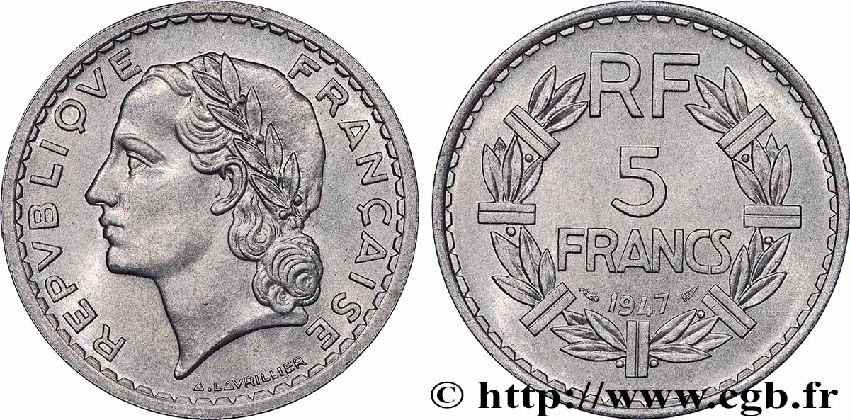 5 francs Lavrillier, aluminium 1947 F.339/10 SPL+
