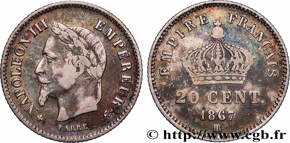20 centimes Napoléon III, tête laurée, grand module 1867 Strasbourg F.150/2 MB