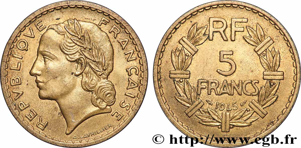 5 francs Lavrillier, bronze-aluminium 1945 Castelsarrasin F.337/6 fVZ