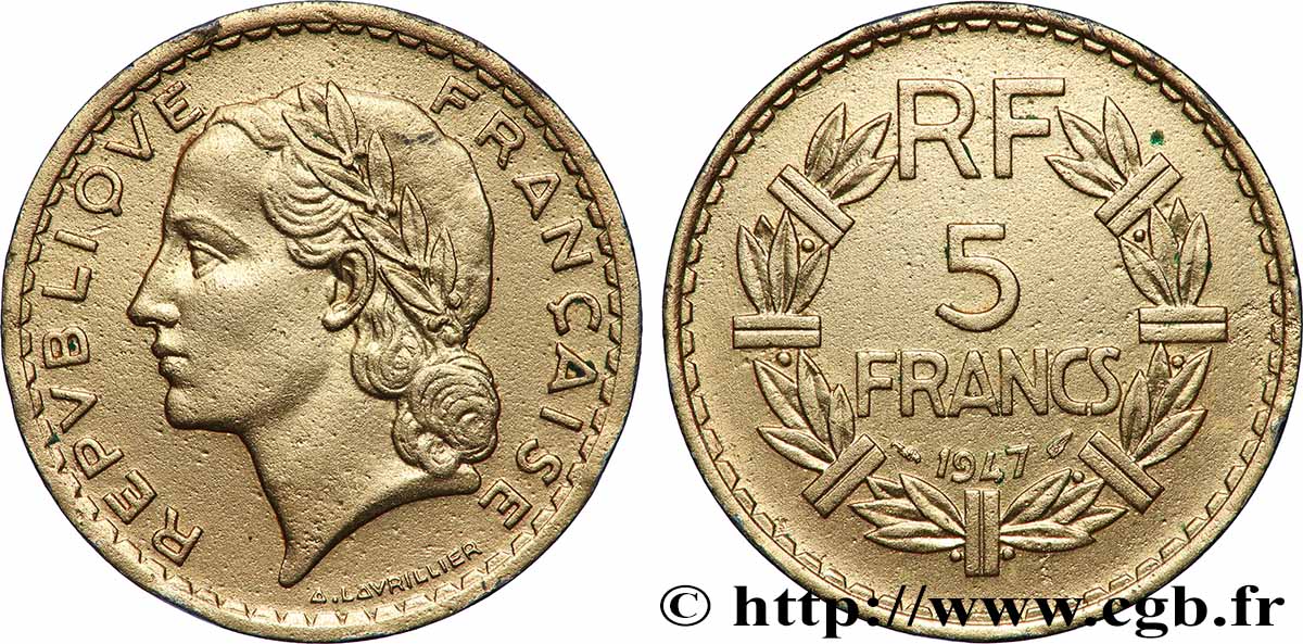 5 francs Lavrillier, aluminium, dorée 1947 F.339/9 var. AU