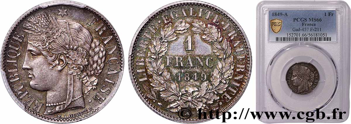 1 franc Cérès, IIe République 1849 Paris F.211/1 FDC66 PCGS