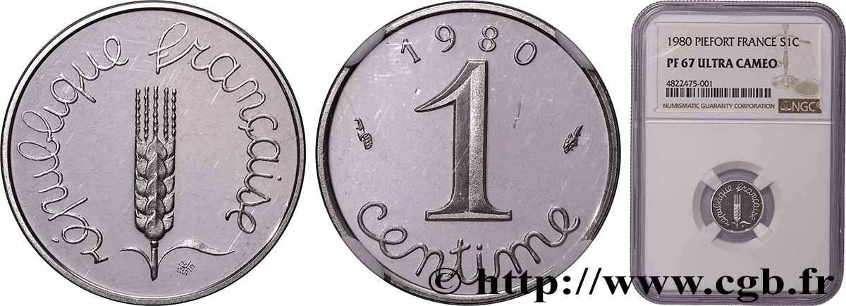 Piéfort argent de 1 centime Épi 1980 Pessac GEM.4 P2 FDC67 NGC